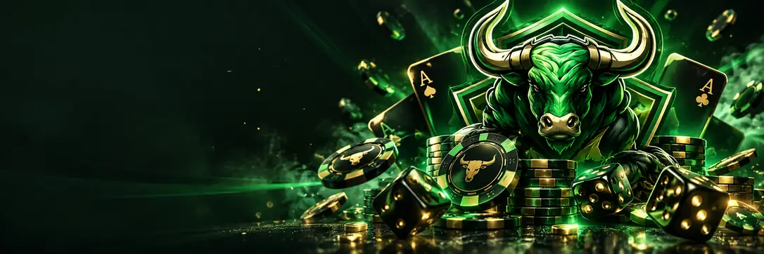 Touro verde da Bullsbet com fichas e cartas, em destaque para os jogos rápidos do cassino